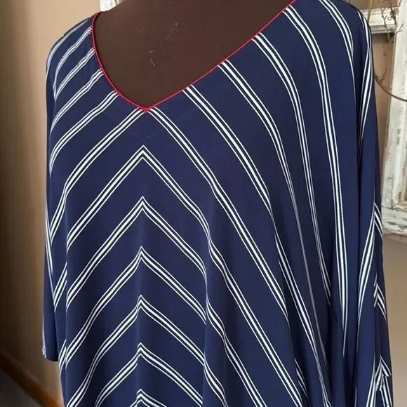 Susan Graver liquid knit blue white red poncho sleeve shirt size 1XL Americana U - Picture 2 of 9